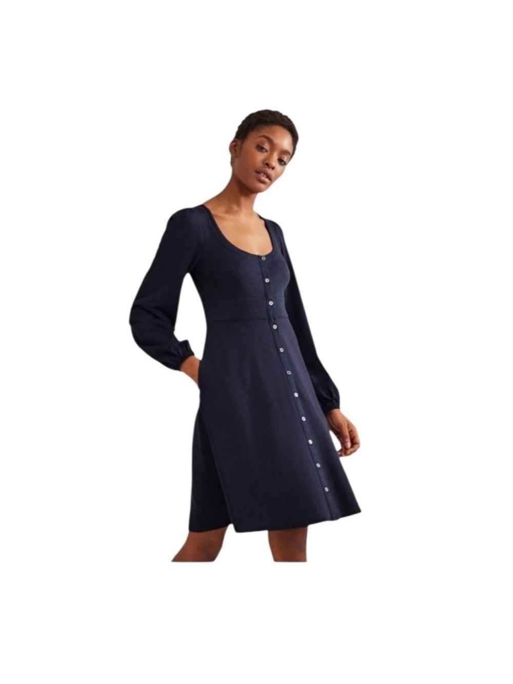 Boden NWT navy Tencel blouson longsleeve Jersey button front casual dress size 8